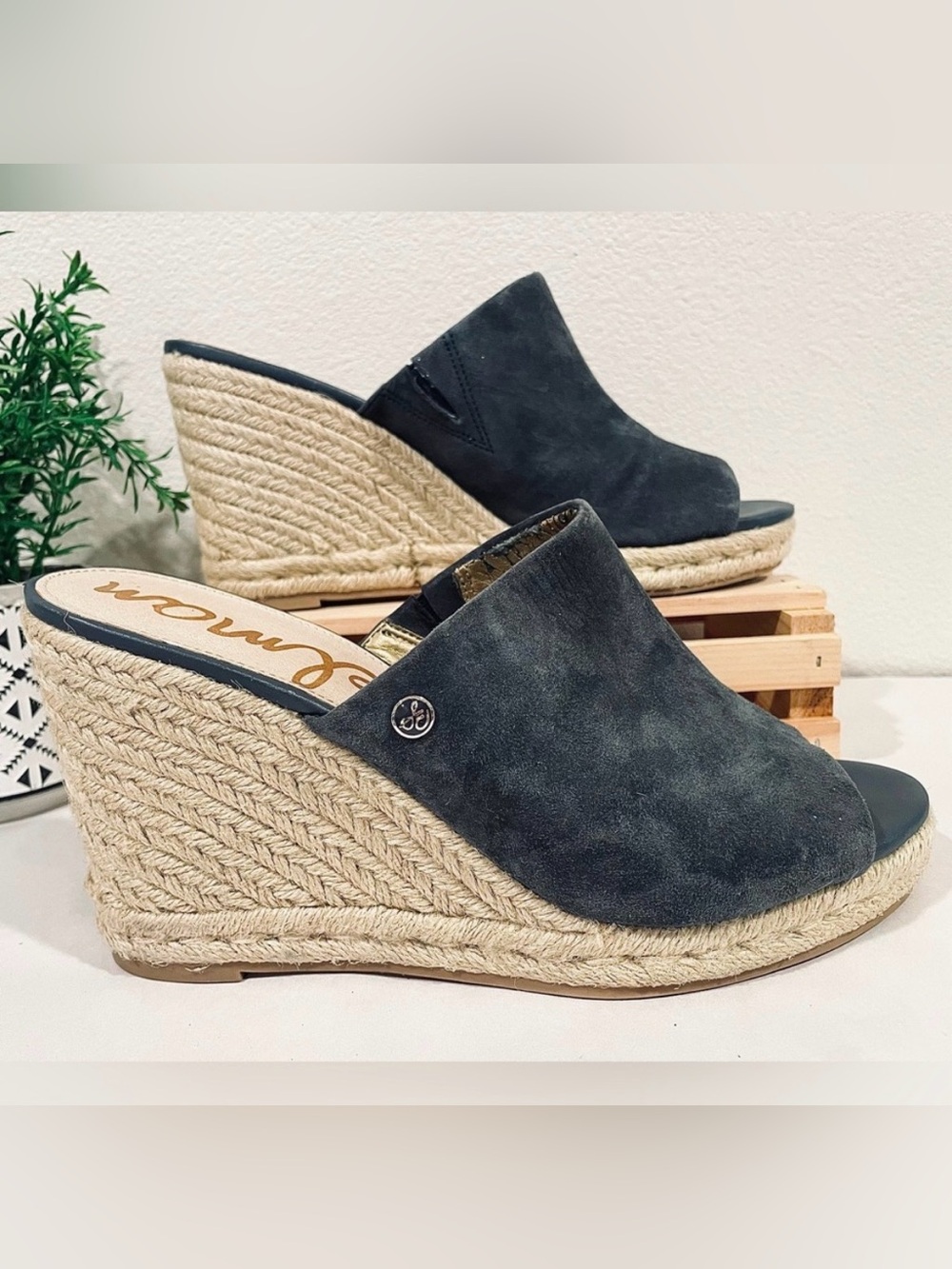 Sam Edelman “BONNIE” Espadrille Navy Blue Suede Jute Wedge Sandals | EU 39 US 8